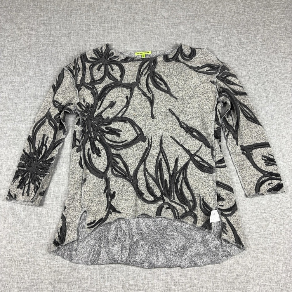 Trisha Tyler Sweater Tunic Womens PS Gray Floral Crew Neck 3/4 Sleeve Knit
